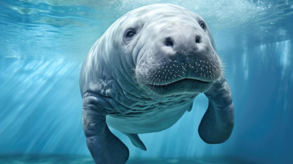 An image of a happy Manatee in the bright blue gulf waters. 