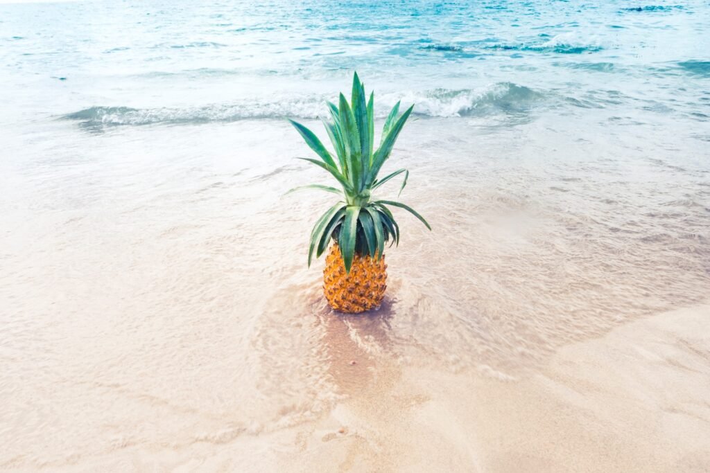 An image of a pineapple standing upright on the beach. The bottom of the pineapple is covered with lapping waves. 